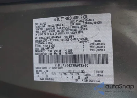 2003 Ford Windstar Limited from USA, damaged, VIN 2FMDA584X3BA03540